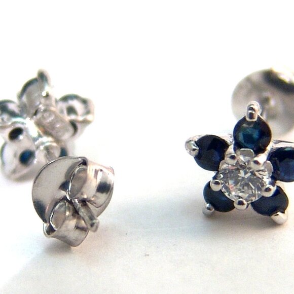 Genuine Sapphire Sterling Silver Stud Earrings Anti-tarnish Flower Design - Picture 7 of 8